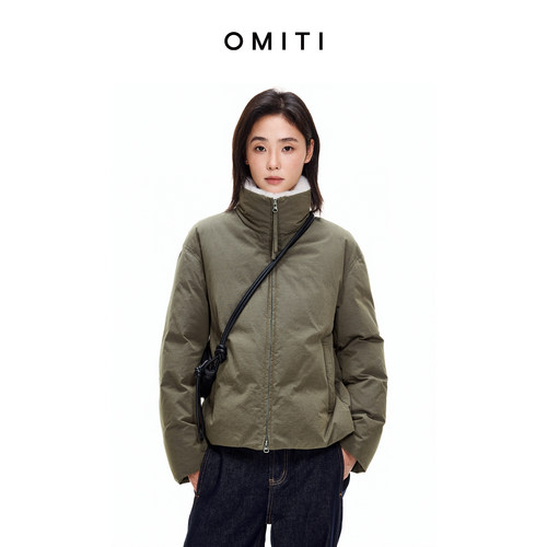 OMITI省略 强捻盐缩色织长绒棉可拆卸毛领羽绒服立领短款鹅绒外套