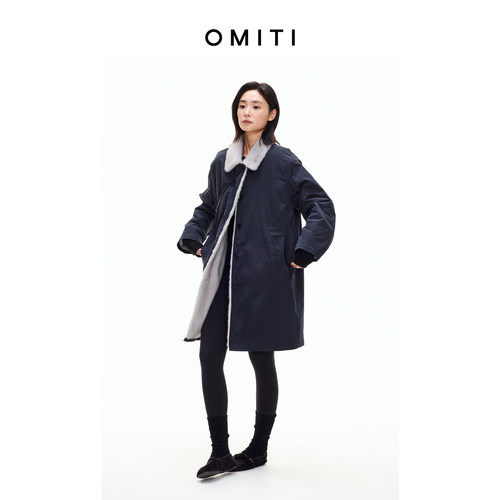 OMITI省略 巴恩风环保皮草拼接大衣中长款保暖外套女2026秋冬新品