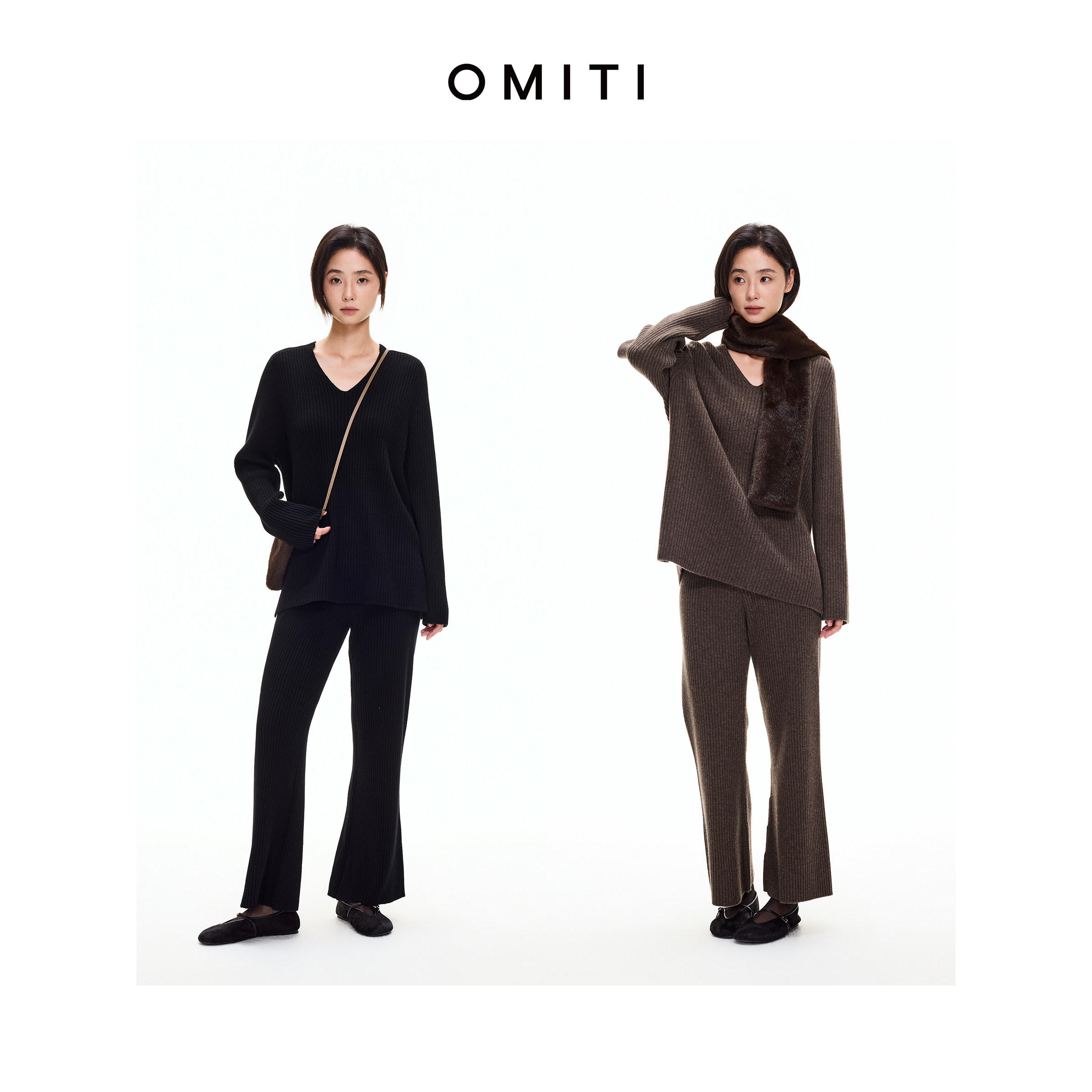 OMITI省略 绵羊毛V领坑条休闲上衣女松弛感显瘦针织上衣/长裤套装图片