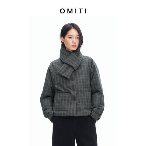 OMITI省略 复古格纹白鹅绒羽绒服女2026冬季新品衬衫式立领外套