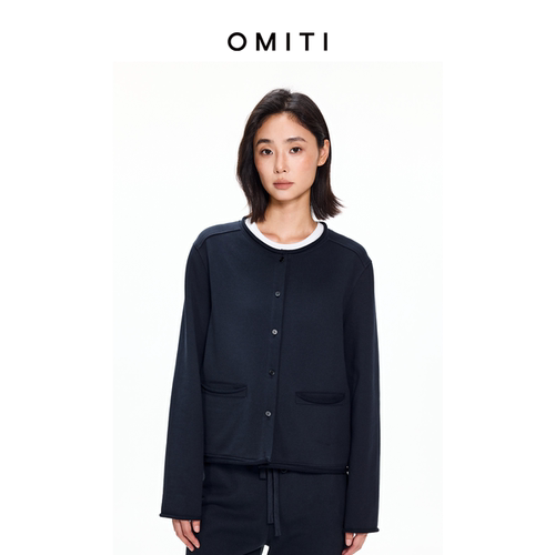 OMITI省略 小香风成衣水洗圆领开衫女2026秋截短廓形卷边卫衣外套
