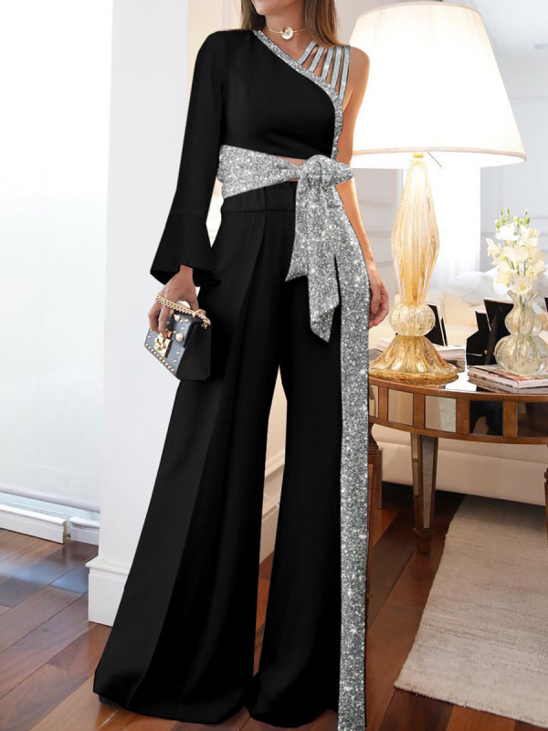 Women off shoulder casual suit 欧美女露肩休闲上衣大码阔腿裤
