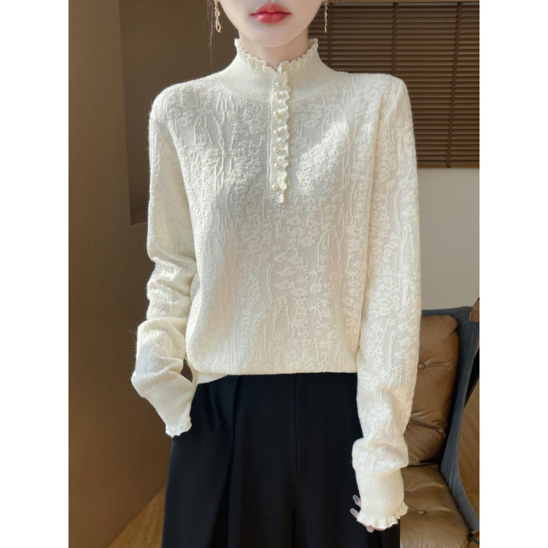 半高领蕾丝打底衫女秋冬装2025年新款洋气木耳边钩花钉珠内搭毛衣