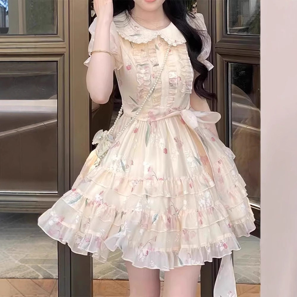 甜美温柔碎花娃娃领连衣裙夏季少女感超仙气质减龄收腰系带公主
