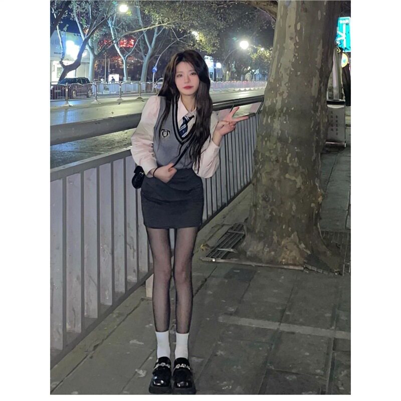 高个子学院风套装女春季领带衬衫针织坎肩马甲背心包臀半身裙短裙