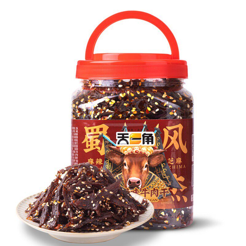 天一角温州湖岭牛肉干麻辣四川风味小片桶装牛肉休闲零食小吃350g