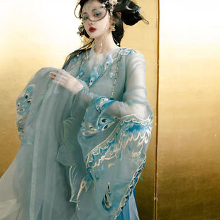 汉服女雀灵蓝孔雀魏晋制战国袍南北朝交领刺绣齐腰裙超仙春夏新款