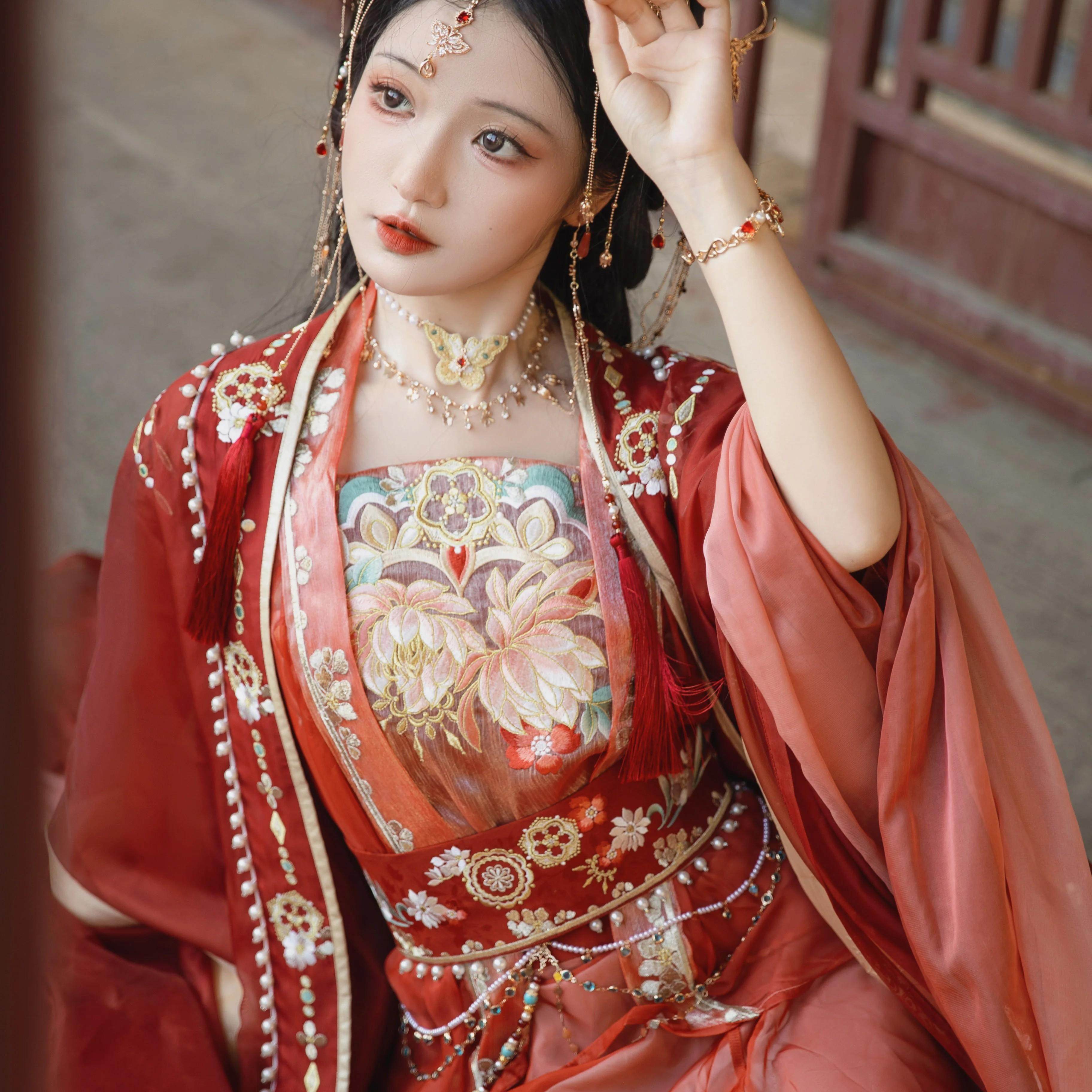 2025新款女重工刺绣大袖衫魏晋风南北朝改良古装超仙红色汉服套装