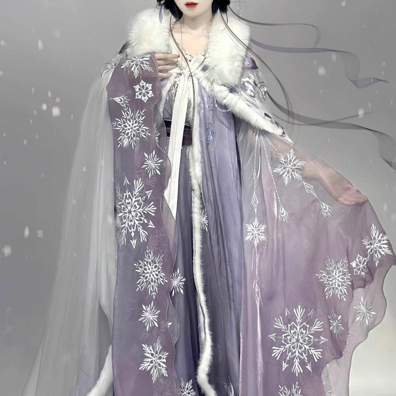 汉服女魏晋风南北朝【雪女】国风改良重工刺绣斗篷披肩超仙气套装