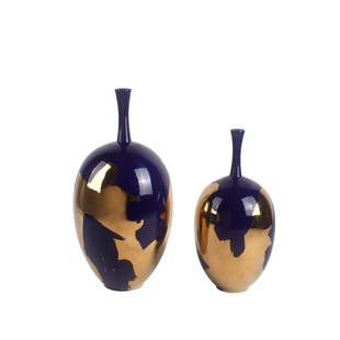 后现代家居样板间饰品新r古典陶瓷烫金高光釉配饰蓝金小口装饰花