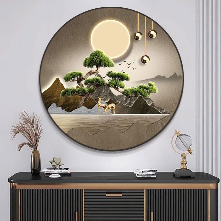 新中式圆形装饰画花九画鱼框图卧室餐厅书房挂画入荷户454玄关壁图片