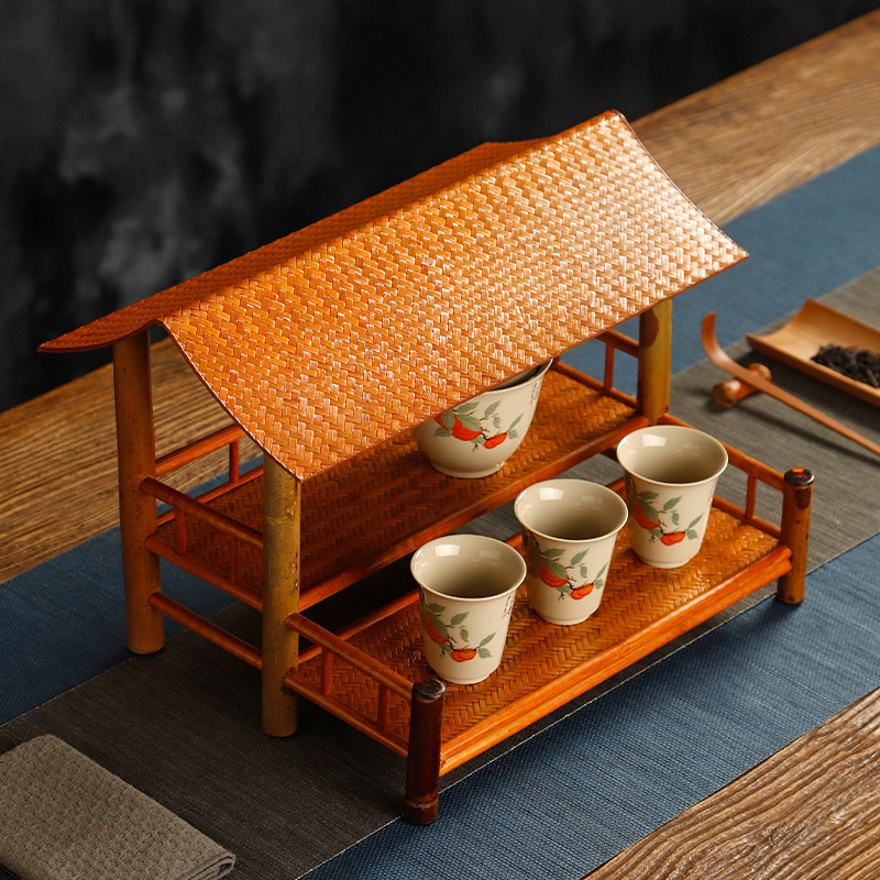 云妃竹双层茶杯架带屋檐茶台茶棚茶E具收纳展示架家用晾杯架茶壶