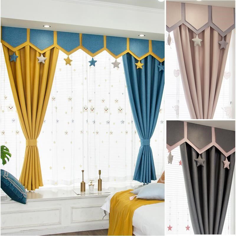 2024新款挂钩式窗帘男孩女孩棉麻儿童房卧室飘窗遮光短.帘窗幔帘