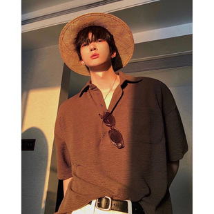 男港风小众帅气宽松复古cityboy工 日本品质日系华夫格翻领POLO衫