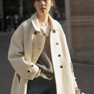 solighter 復古羊毛雙排扣大衣女秋冬2023新款 中長款 毛呢外套 法式