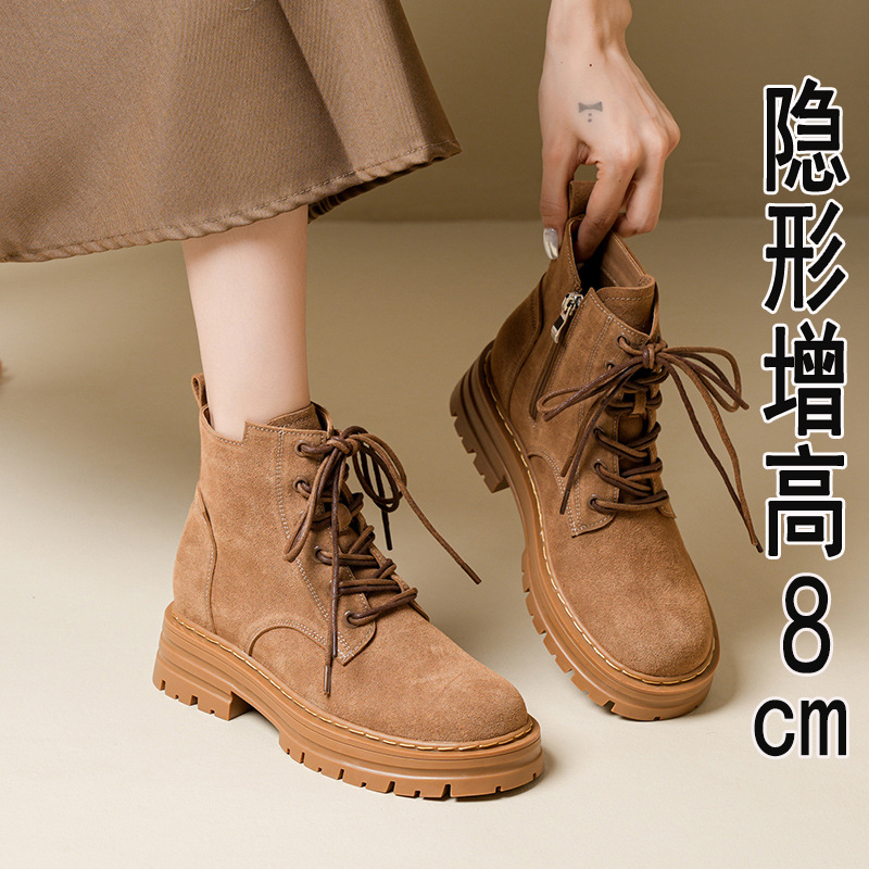 时尚复古棕色反绒皮马丁靴女2025新款小个子内增高粗跟厚底短筒靴