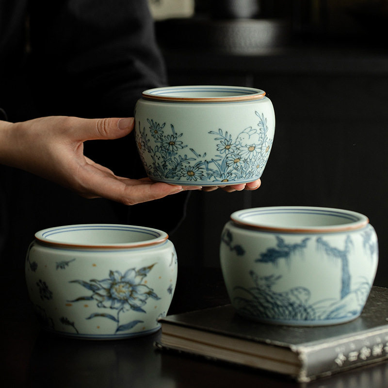 釉下彩仿古青花建水陶瓷茶道配件 茶洗杯洗小水洗干泡茶席废水缸
