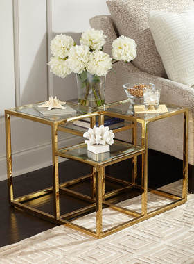 北欧简约风方形高低小茶几不锈钢电镀镜面钛金底座台