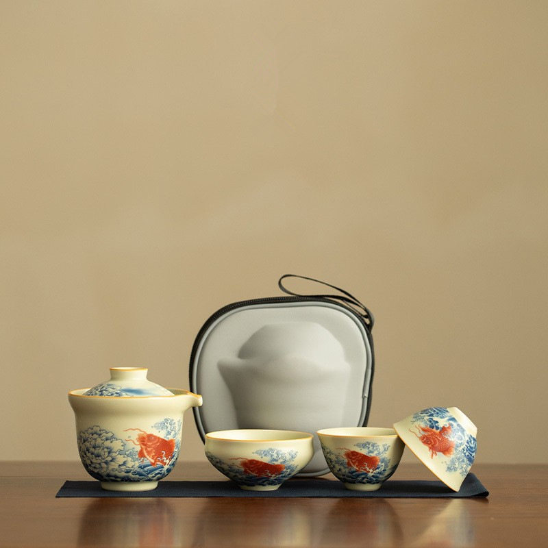 仿宋汝窑旅行茶具一壶三杯家用陶瓷泡茶壶手抓壶户外便携式快客杯