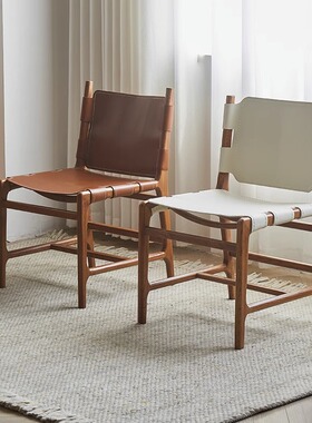 马鞍皮餐椅棕色白色餐厅椅子实木咖啡厅餐桌椅靠背书桌椅休闲椅家