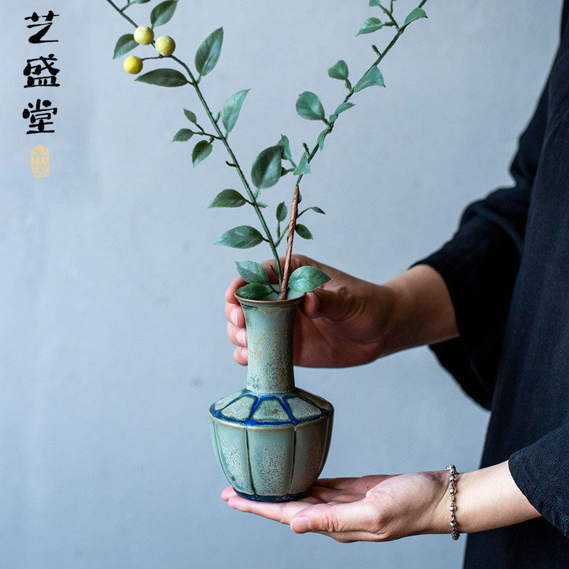中式窑变银杏叶瓜棱花瓶 陶瓷摆件花瓶 客厅家居创意装饰干花花器