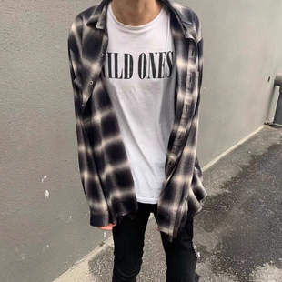 鲨魚CLUB高品质黑格子衬衫燕尾对格版本高街入门款上衣外套春秋款