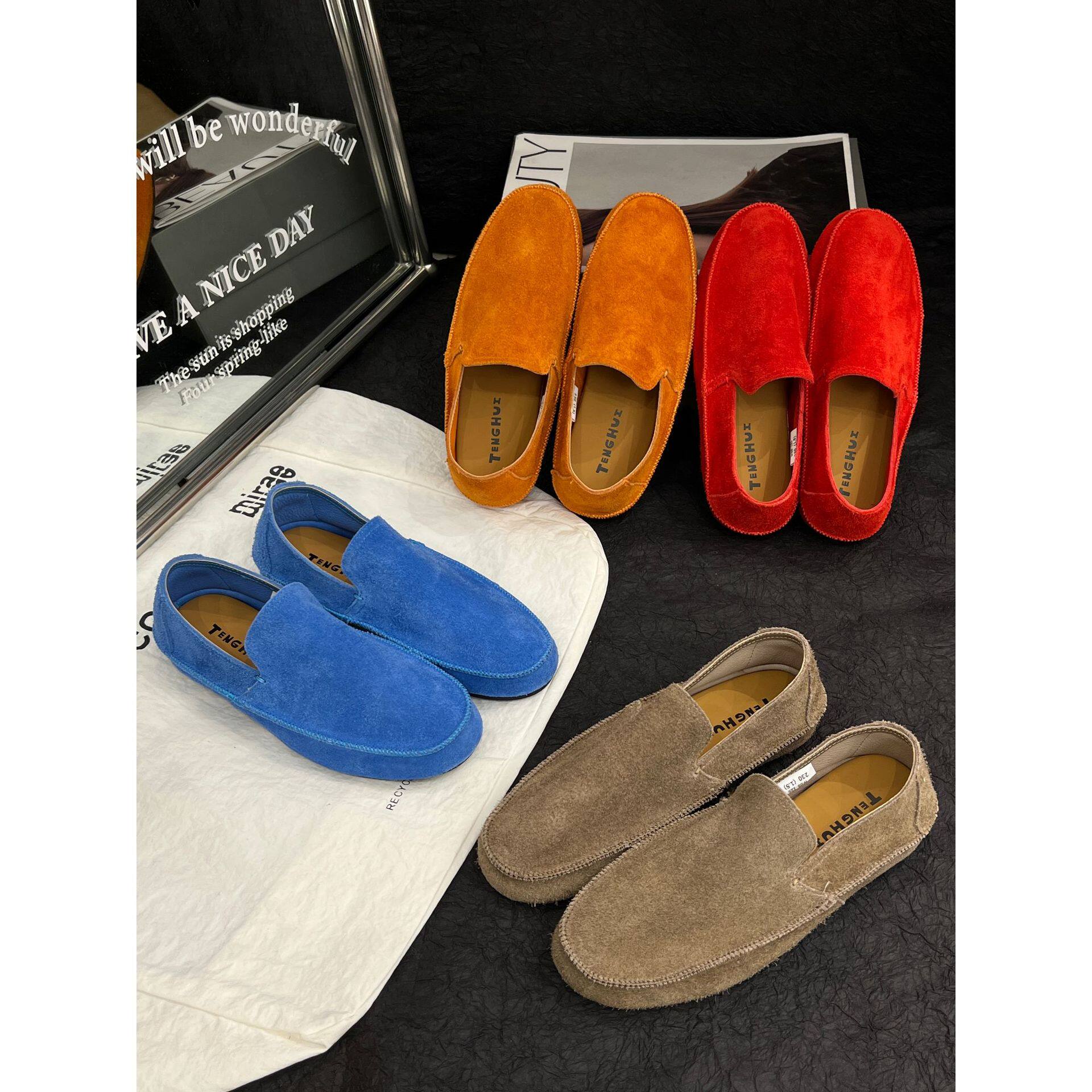 真皮极简一脚蹬平底懒人乐福鞋2026年春季新款简约擦色轻便单鞋女