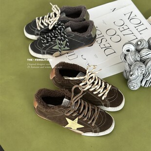 真皮加绒星星德训板鞋女2025冬季保暖复古厚底休闲羊羔毛运动棉鞋