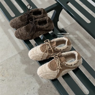 真皮德训鞋女厚底加绒毛毛鞋