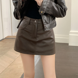 咖啡色皮裙裤半身裙女2025秋冬新款修身显瘦PU皮短裙包臀裙短裙子