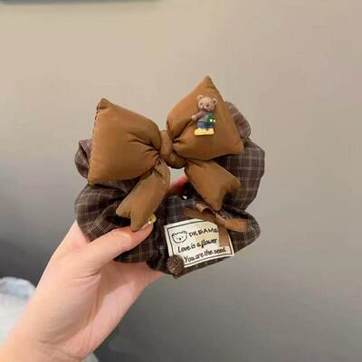 甜妹风棕格纹蝴蝶结小熊发圈