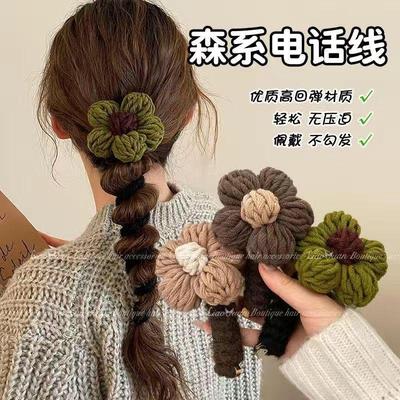 冬季毛线花朵电话线发圈编发神器高级感女2024新款扎马尾发绳头饰