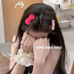 可爱少女心KT猫粉色夹子发夹甜美在逃公主蝴蝶结丝绒发卡前额刘海