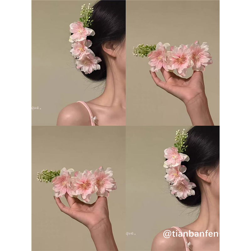 新中式甜美少女春日粉色花朵花枝发梳盘发插梳头饰氛围拍照饰品