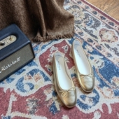 1.0CM平跟鞋 柳上浅金黄浅口蝴蝶结进口小羊皮手工定制芭蕾舞鞋 女