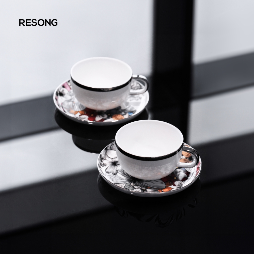 RESONG日诵家居 蝶语杯碟套装 陶瓷咖啡杯碟套装蝴蝶金边下午茶