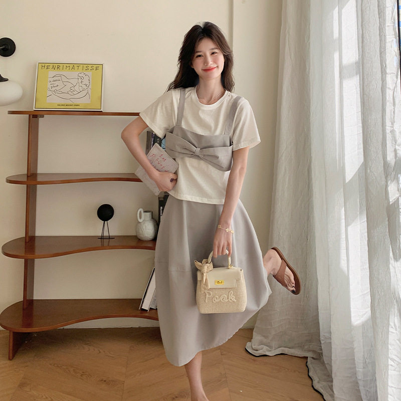 青春活力女装套装女2025初夏新款蝴蝶结马甲圆领短袖半身裙
