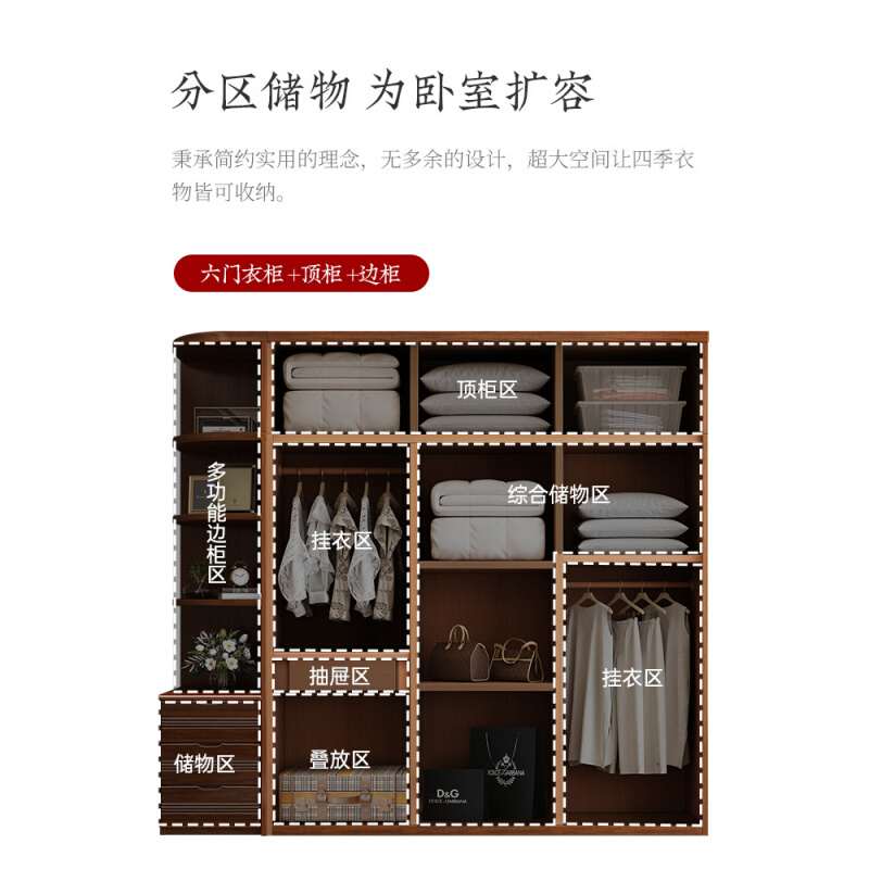 。胡桃木实木衣柜全实木家用卧室大容量衣橱现代简约收纳储物新中