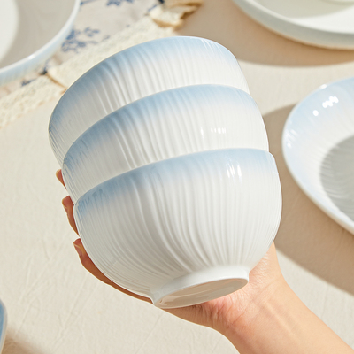景德镇渐变蓝白竖纹陶瓷碗家用吃饭碗餐具碗具菊瓣浅灰单碗套组