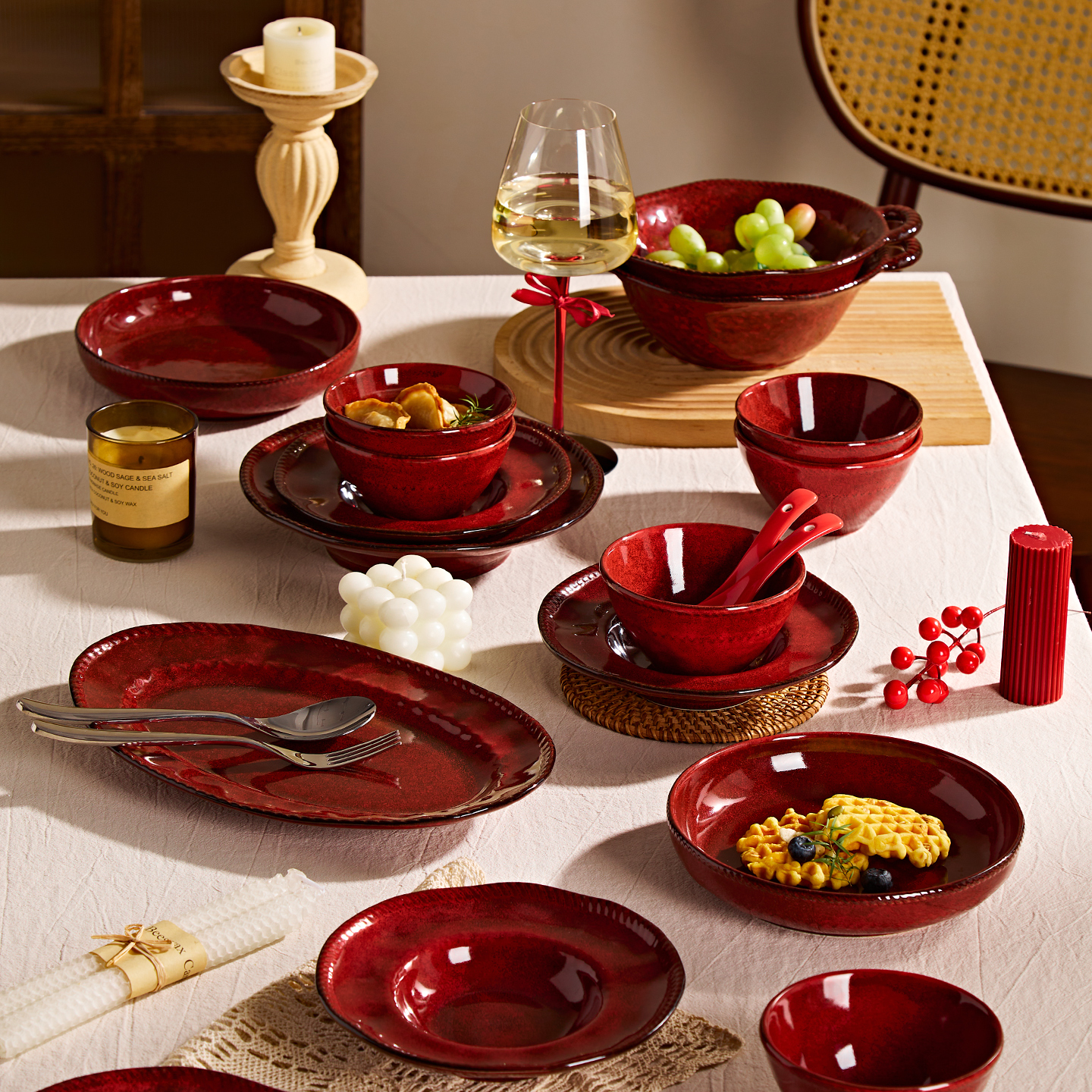 景德镇订婚新欢送礼伴手礼高端窑变餐具绳边系列窑变红餐具套装