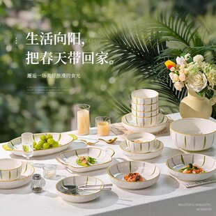 轻奢金边竹叶纹碗碟家用陶瓷餐盘清新饭碗汤碗组合餐具礼盒套装