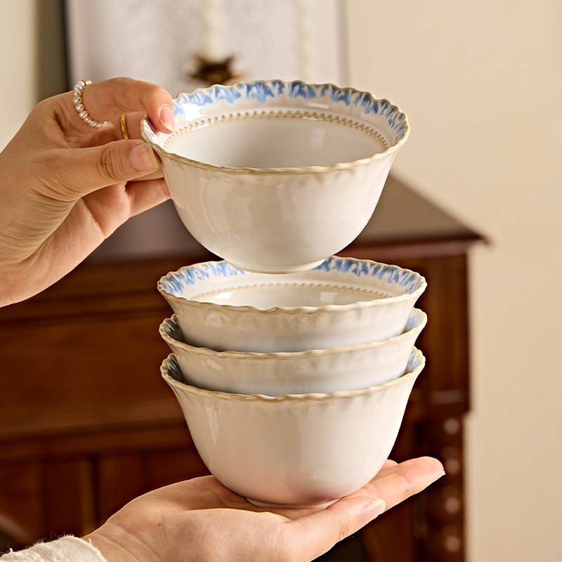 日式复古釉下彩陶瓷碗花边高颜值可微波创意家用米饭碗汤碗面碗