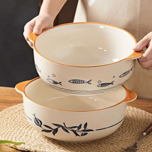 日式双耳汤碗家用大号陶瓷面碗酸菜鱼大盆碗创意鱼群植物纹餐具