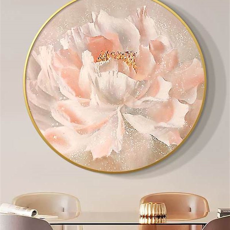 牡丹花手绘油画圆形客厅挂画花开B富贵轻奢简约花卉玄关餐厅装饰图片