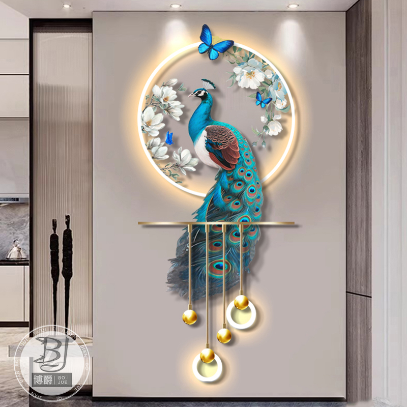 孔雀玄关装饰画高级感立体LED壁灯新中式入户走廊过道挂画2025新图片