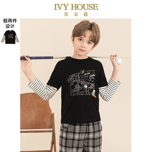 拼接假两件圆领长袖 男童T恤秋新款 休闲风 HOUSE常春藤儿童装 IVY