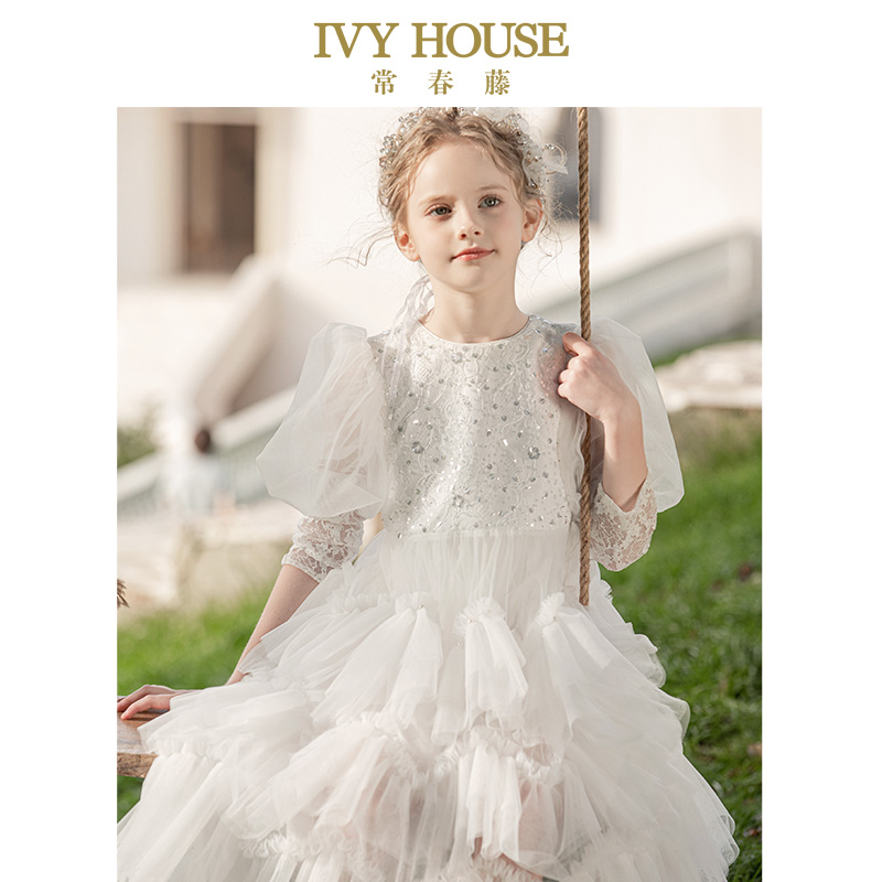 IVY HOUSE常春藤儿童装女童秋季款 绣花亮片蕾丝大裙摆礼服连衣裙
