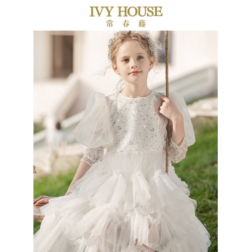IVY HOUSE常春藤儿童装女童秋季款 绣花亮片蕾丝大裙摆礼服连衣裙