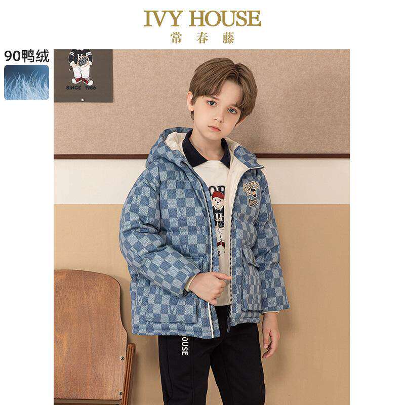 IVY HOUSE常春藤童装男童冬款校园复古防风连帽棋盘格羽绒服外套