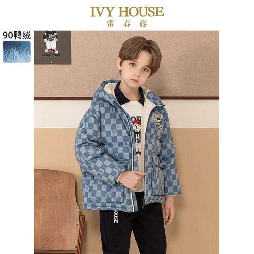 IVY HOUSE常春藤童装男童冬款校园复古防风连帽棋盘格羽绒服外套